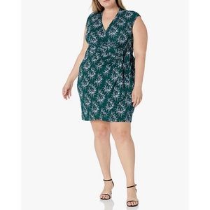 Lark & Ro Women's Plus Size Classic Cap Sleeve Wrap Dress Emerald/Pale 1X